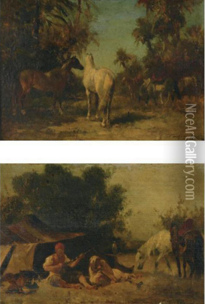 Zouave Encampment And Horses In A Landscape: A Pair Oil Painting - Georges Washington