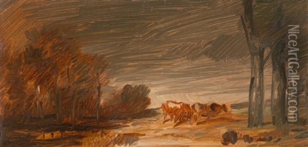 Landscape With Two Cows Oil Painting - Wilhelm Busch