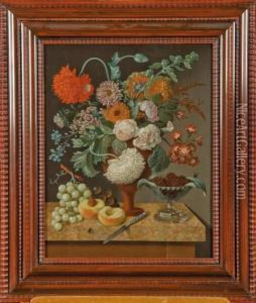 Vase De Fleurs Et Fruits Sur Un Entablement Oil Painting - Jan Vos