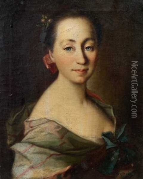 Portrait De Femme Aux Fleurs Et Au Noeud Rose Dans Les Cheveux, Avec Un Ruban Bleu Noue A Son Corsage Oil Painting - Giuseppe Bonito