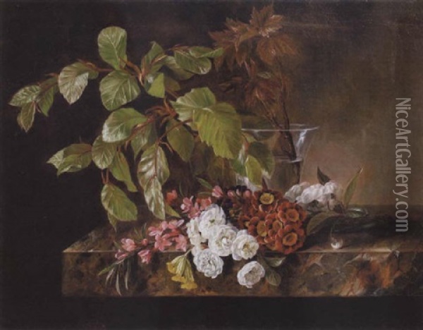 Blomstrende Frugtgrene, Aurikler Og Kodriver Pa En Marmorkarm Oil Painting - Hanne Hellesen