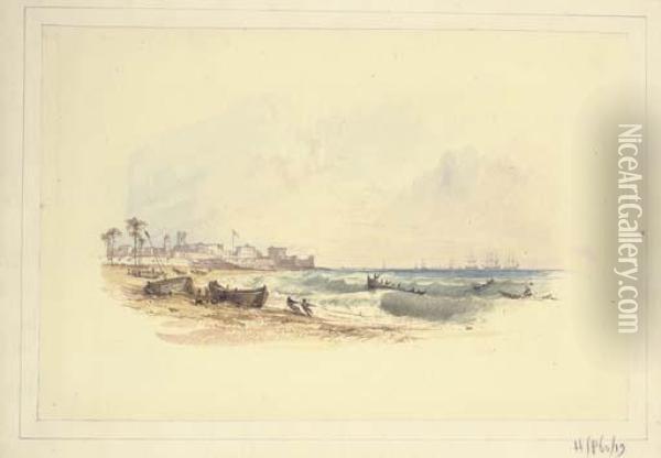 A South East View Of Fort St George, Madras A Vignette Oil Painting - William Daniell RA