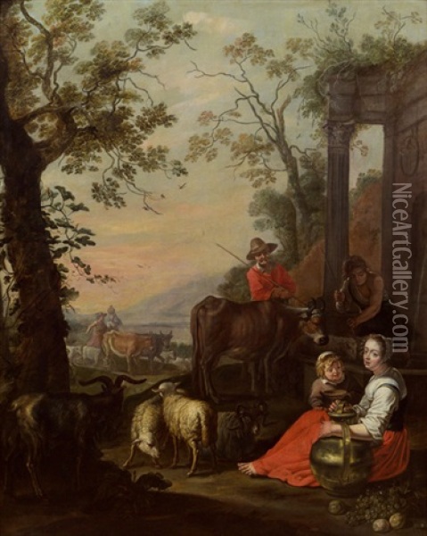 Bauernfamilie Mit Vieh Am Brunnen Oil Painting - Willem van Herp the Elder