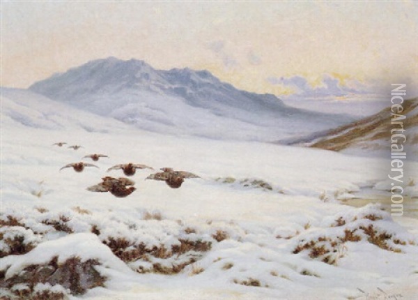 Grouse In Flight In A Winter Landscape Oil Painting - Wright Barker