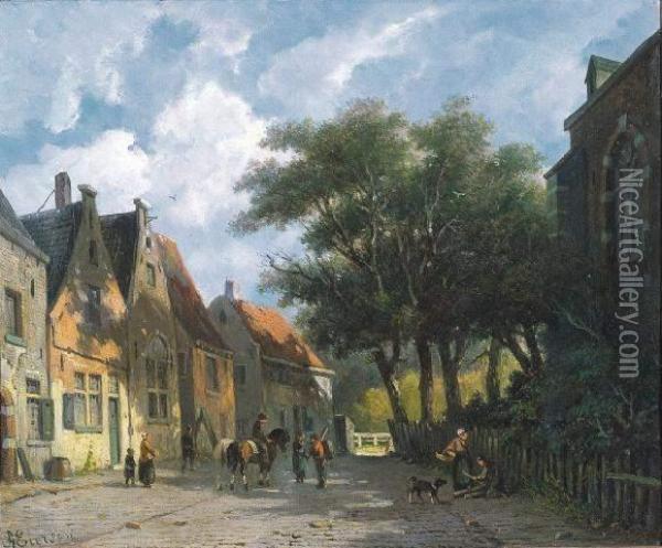 Geanimeerde Dorpsstraat Nabij Een Kerk Oil Painting - Adrianus Eversen