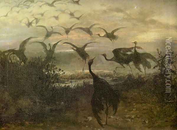 Flight of the Cranes Oil Painting - Jozef Chelmonski