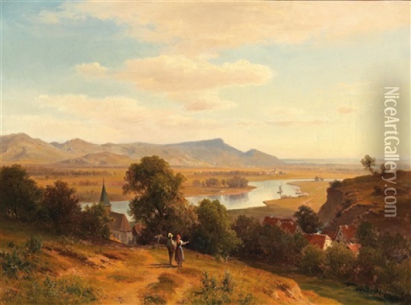 Flusslandschaft Oil Painting - Ludwig Georg Eduard Halauska