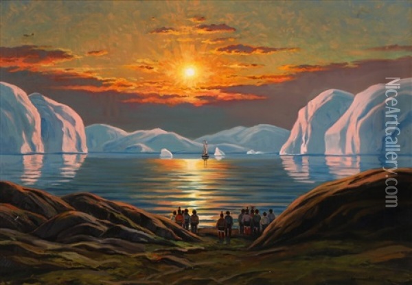 Sunset View Of A Sailing Ship Arriving At A Greenland Settlement Oil Painting - Emanuel A. Petersen