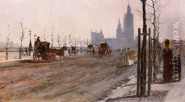 The Victoria Embankment, London Oil Painting - Giuseppe de Nittis
