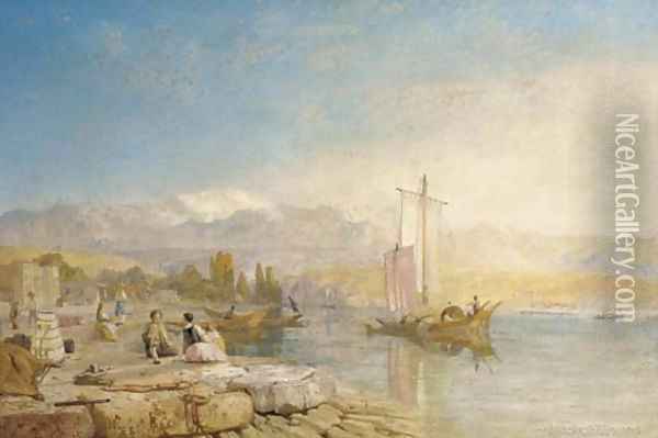 Figures by an Italianate lake Oil Painting - James Baker Pyne
