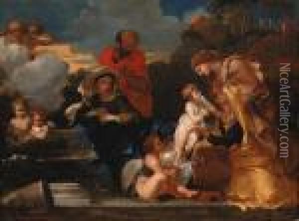 The Holy Family With The Infant Saint John The Baptist And Saintsanne And Elizabeth Oil Painting - Sebastian Bourdon