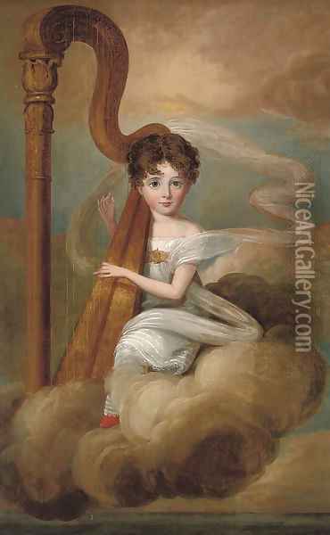 Portrait of a young girl, full-length, in a white dress, playing the harp, seated on a cloud Oil Painting - English School