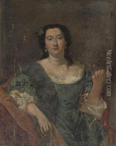 Portrait Of A Lady, 
Three-quarter-length, In A Blue Dress And Brown Mantle, A Jewelled Pin 
In Her Left Hand Oil Painting - Alessandro Longhi