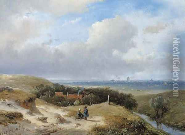 A panoramic summer landscape with travellers resting in the dunes Oil Painting - Andreas Schelfhout