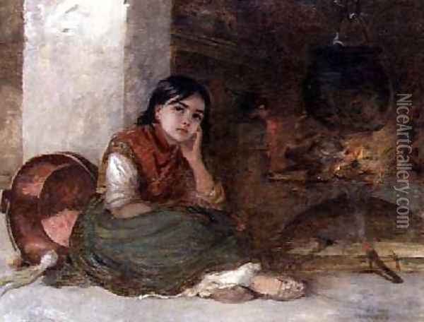 Girl by a Fireside 1862 Oil Painting - Edwin Longsden Long