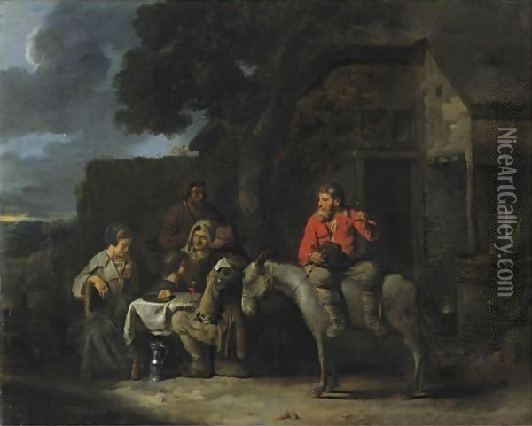 Peasants Outside An Inn Oil Painting - Sebastien Bourdon