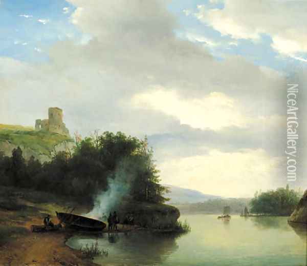 A hilly river landscape with figures along the water making a fire Oil Painting - Nicolaas Johannes Roosenboom