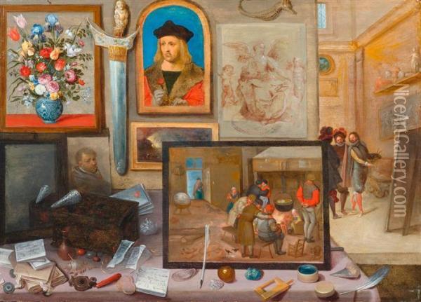 View Into The Workshop Of A Painter With A Wall Of Artistic Treasures. Oil Painting - Frans II Francken