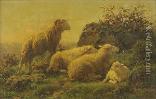 Untitled (ram, Two Ewes, And A Lamb In A Windylandscape) Oil Painting - Juliette Peyrol Bonheur