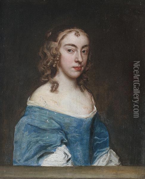 Portrait Of A Lady, Half-length, In A Blue Dress And A White Chemise, Seated Behind A Stone Ledge Oil Painting - Jacob Huysmans