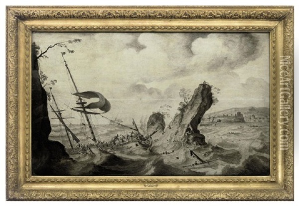 A Man-o'war Driving Onto Rocks In A Gale Oil Painting - Adriaen Van Salm