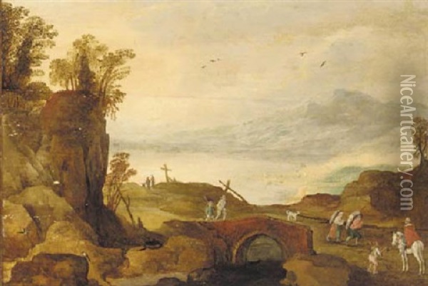 An Alpine Landscape With Travellers On A Bridge, A River And Mountains Beyond Oil Painting - Joos de Momper the Younger