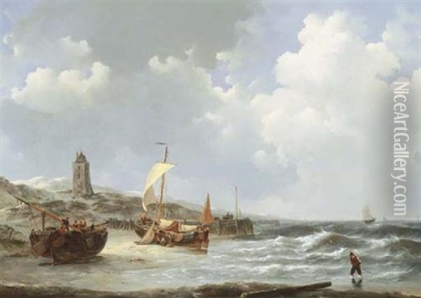 Fishing Boats On The Beach Near Egmond At Low Tide Oil Painting - Johannes Christiaan Schotel