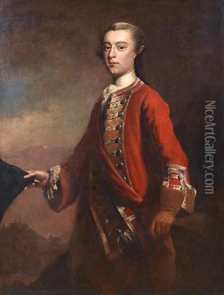 Portrait Of General James Wolfe 
Standing In Alandscape, The Plains Of Abraham At Quebec Behind Him Oil Painting - Joseph Highmore