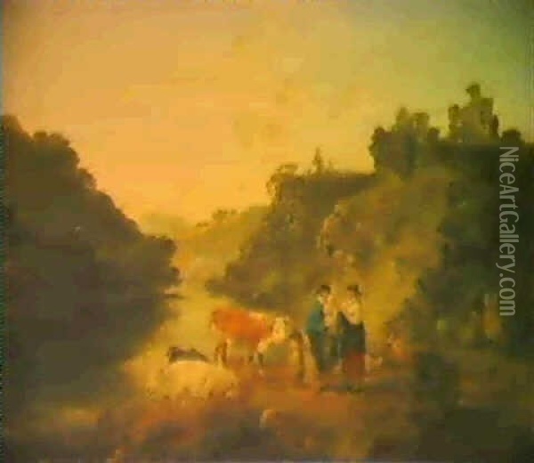 Figures And Cattle By Cilgerran Castle By The River         Teifi, Pembrokeshire Oil Painting - Julius Caesar Ibbetson