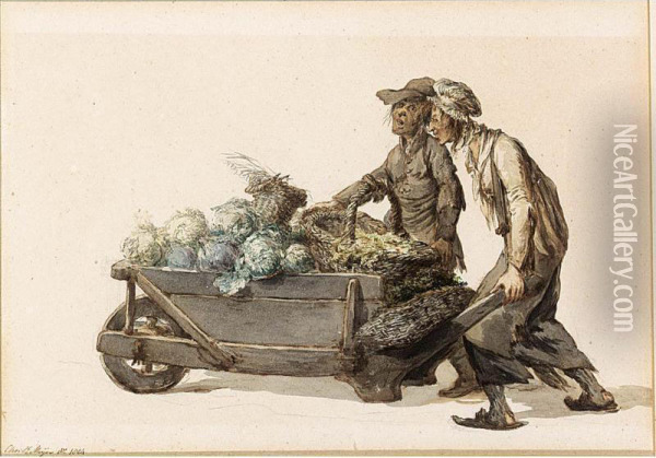 Two Market-vendors Wheeling A Barrow Full Of Cabbages Oil Painting - Christoffel Meijer