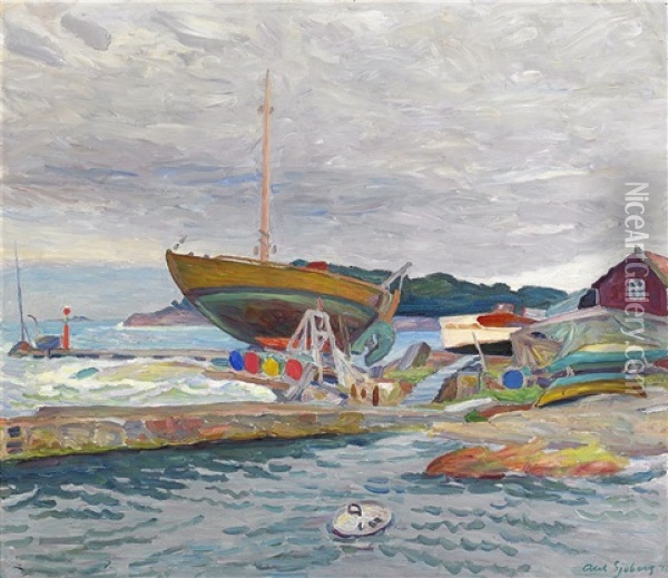Lotskutter Pa Slipen Oil Painting - Axel Sjoeberg