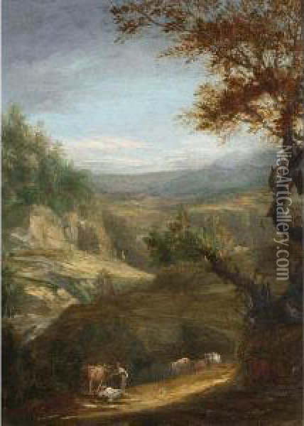 An Extensive Landscape With Drovers And Their Cattle Resting Oil Painting - Cornelis Huysmans