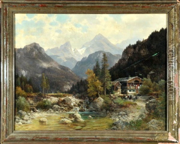 Bauernhof Am Fluss Mit Blick Auf Den Watzmann Oil Painting - Ludwig Sckell