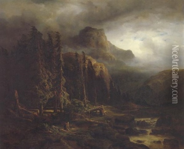 Paysage De Montagne, Avec Sapins Et Cours D'eau, Par Temps D'orage Oil Painting - Alexandre Calame