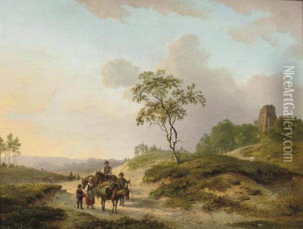 Landscape With Figures On A Roadway In The County Ofgelderland Oil Painting - Barend Cornelis Koekkoek