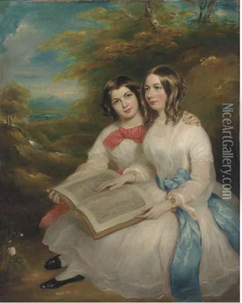 Portrait Of Rebecca And Gertrude Bates, Seated Full-length, Inwhite Dresses, With An Album Of Drawings On Their Laps, In A Woodedlandscape Oil Painting - Marshall Claxton