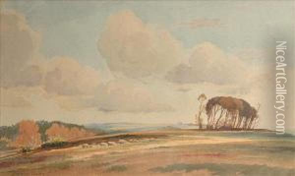 Sheep On The Downs Oil Painting - Edwin Harris