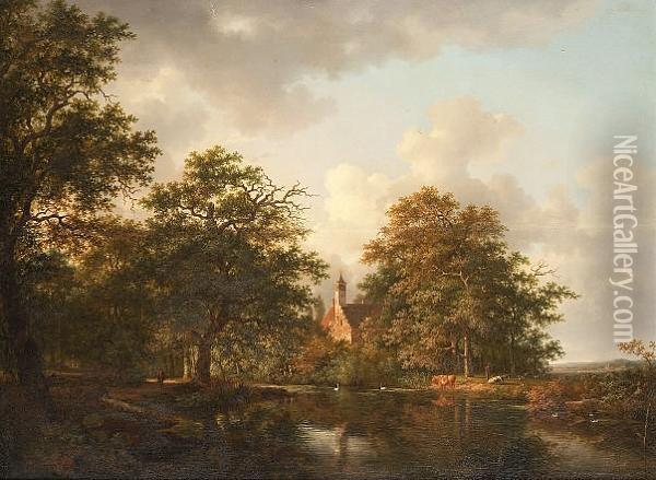 Figures And Cattle Beside A Lake In A Wooded Landscape Oil Painting - Andreas Schelfhout