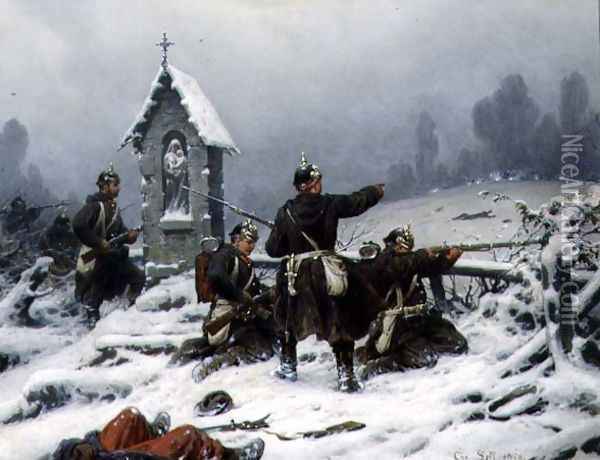 Winter Skirmish by a Shrine, 1846 Oil Painting - Christian Sell