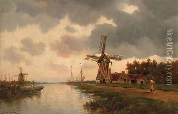 Windmills along a river Oil Painting - Hermanus Koekkoek