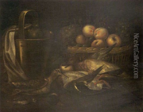 Nature Morte A La Corbeille De Fruits Et Au Gibier Oil Painting - Pieter Van Boucle