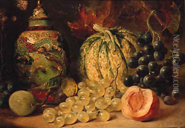 Grapes, Plums, a Peach, a Gourd and a Chinese Vase Oil Painting - William Duffield