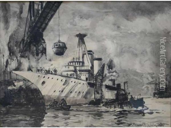 Le Croiseur Jeanne D'arc En Cours D'armement Oil Painting - Bernard Lachevre