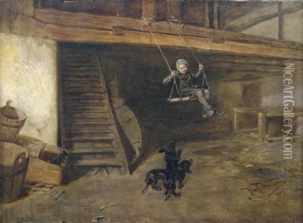 Ein Schaukelnder Bauernjunge Mit Zwei Dackeln Vor Der Scheune Oil Painting - Joseph Emanuel Weiser