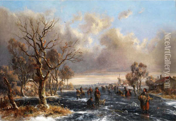 Hollandische Kustenlandschaft Mit Eisvergnugen Oil Painting - Carl Georg Koster