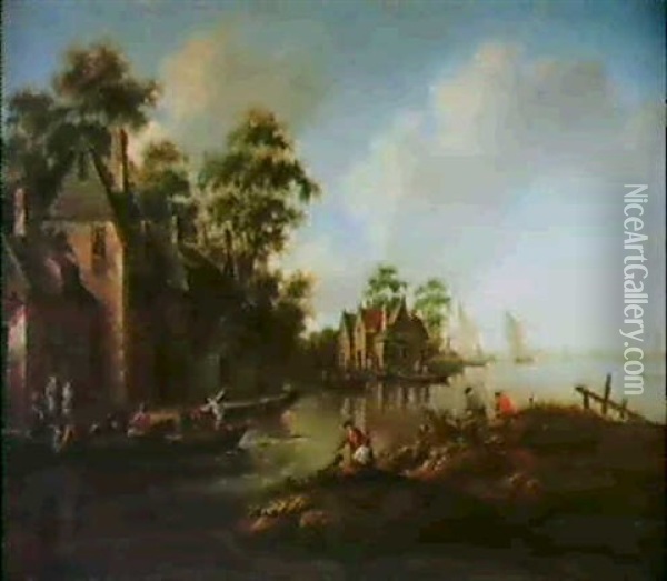 Ein Dorf Am Fluss Mit Booten Oil Painting - Thomas Heeremans