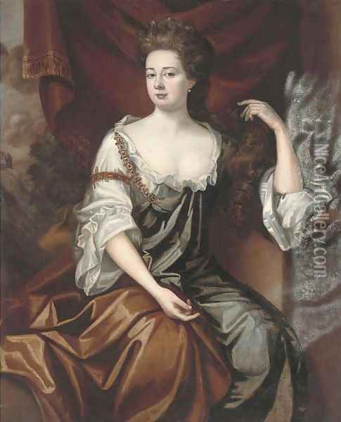 Portrait of a lady, seated half-length, in a green dress with a brown wrap, a landscape beyond Oil Painting - Sir Godfrey Kneller