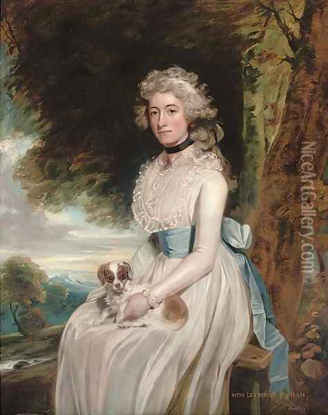 Portrait of a lady, traditionally identified as Miss Leyborne Popham, three-quarter-length, in a white dress with a blue sash, a dog on her lap Oil Painting - George Romney
