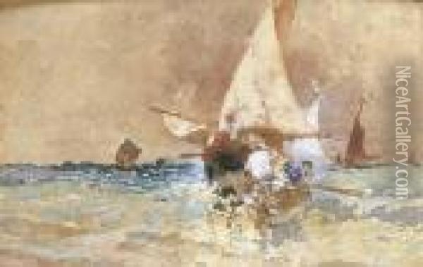 Marina Con Barca Di Pescatori E Vele Oil Painting - Edoardo Dalbono