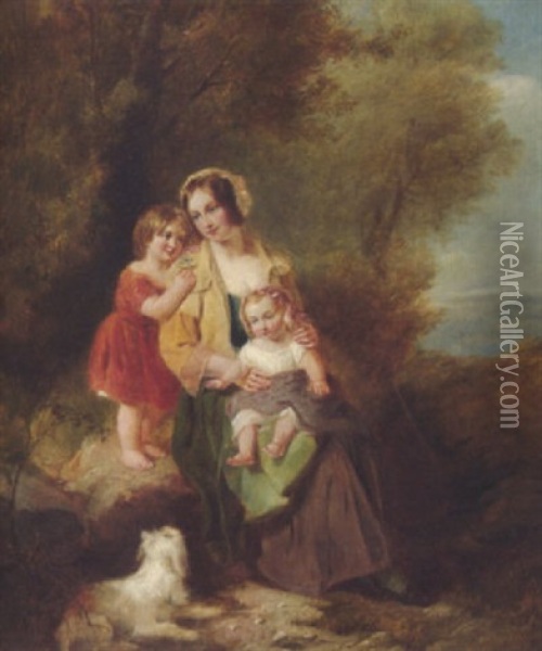 Mutter Mit Ihren Zwei Kindern Und Einem Kleinen Hund Oil Painting - James John Hill